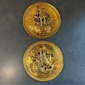 Vintage set 2 brass foil ship plaques Made in England